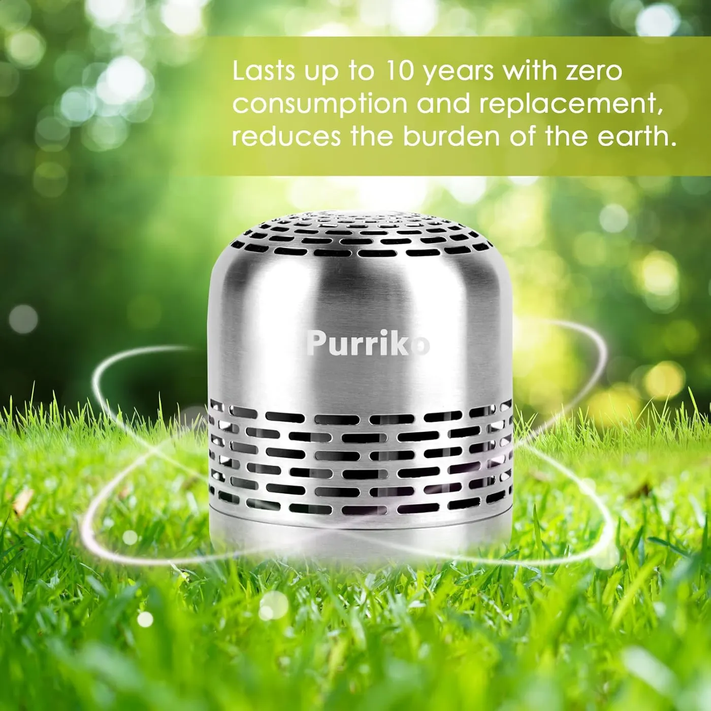 Purriko refrigerator deodorizer photographed outdoors on grass, highlighting its 10-year lifespan and zero-consumption, replacement-free eco-friendly design
