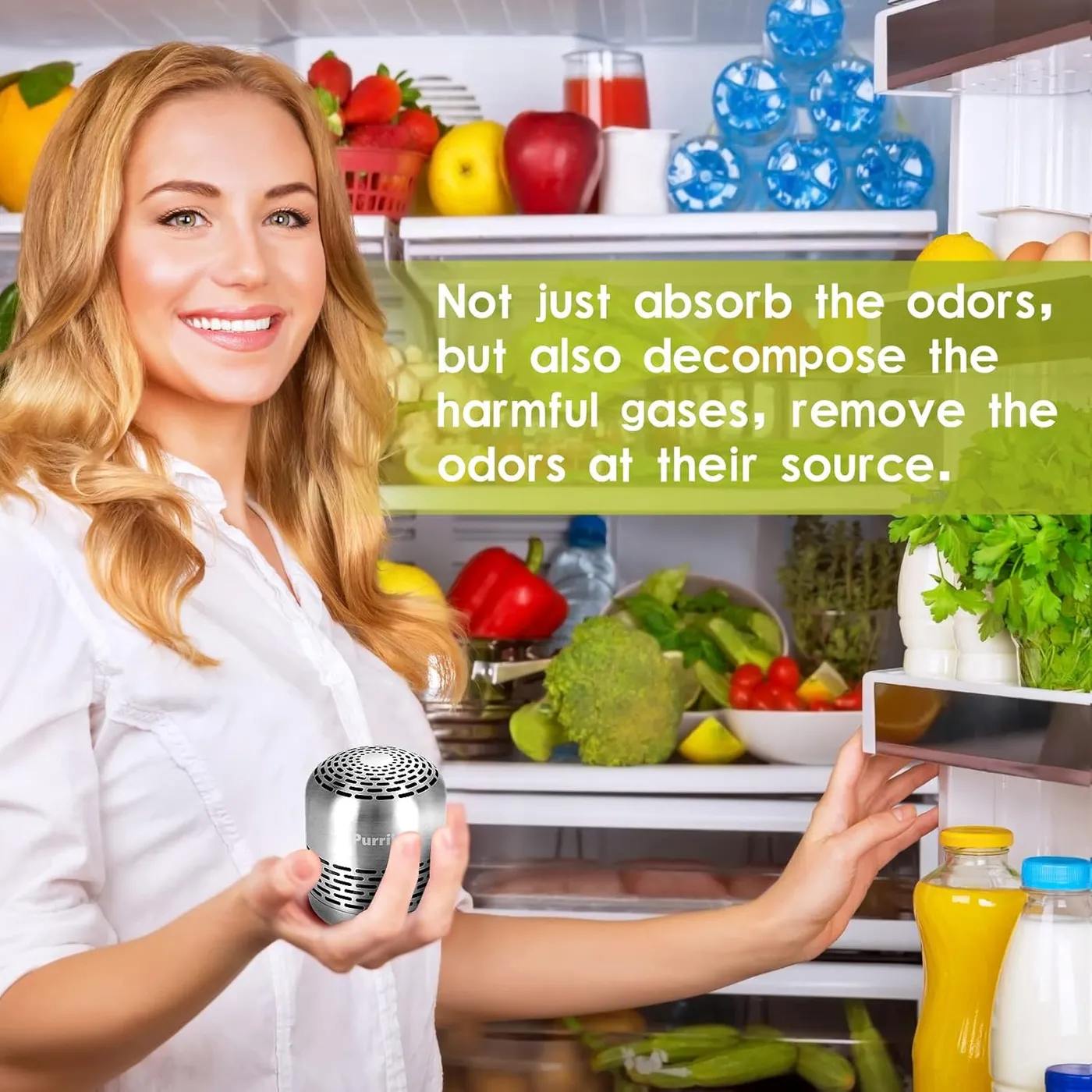 Woman opening a refrigerator with the Purriko deodorizer inside, illustrating how it decomposes harmful gases at the source rather than only absorbing odors