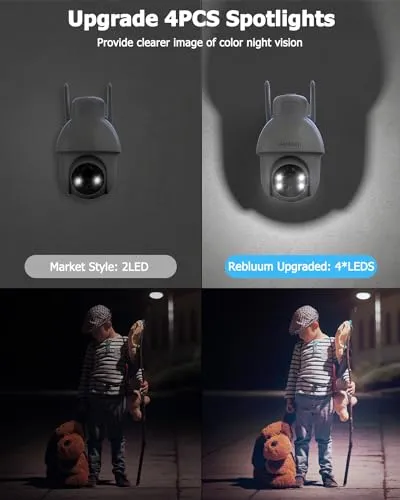 Rebluum Security Camera Wireless Outdoor, 2K Solar Security Camera,Battery Powered 360°PTZ Security Camera,Color Night