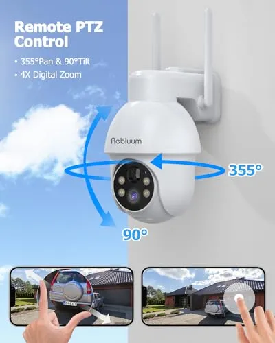 Rebluum Security Camera Wireless Outdoor, 2K Solar Security Camera,Battery Powered 360°PTZ Security Camera,Color Night