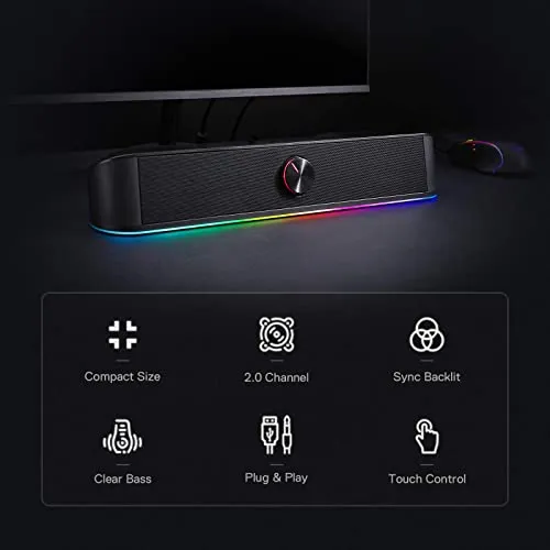 Redragon GS560 RGB Desktop Soundbar, 2.0 Channel Computer Speaker with Dynamic Lighting Bar Audio-Light Sync/Display,