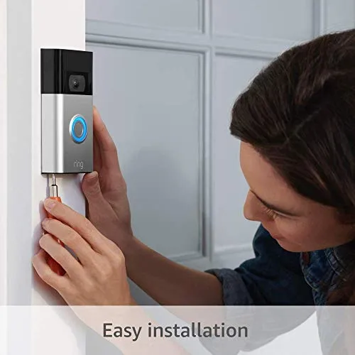 Ring Video Doorbell, Satin Nickel bundle with Ring Stick Up Cam Battery, White security camera - detail shot