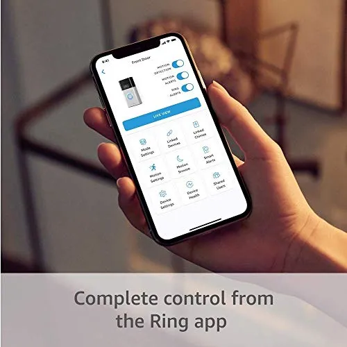 Ring Video Doorbell, Satin Nickel bundle with Ring Stick Up Cam Battery, White security camera - in use