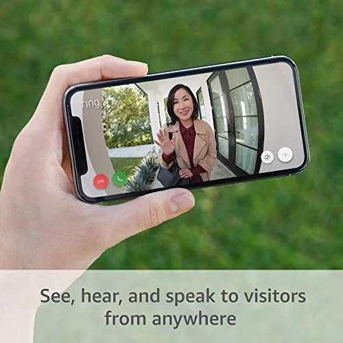 Ring Video Doorbell, Satin Nickel bundle with Ring Stick Up Cam Battery, White security camera - side view
