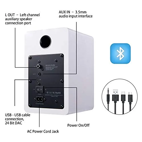 Sanyun SW208 3" Active Bluetooth 5.0 Bookshelf Speakers – 60W Carbon Fiber Speaker Unit - Built-in 24bit DAC Dynamic 3D