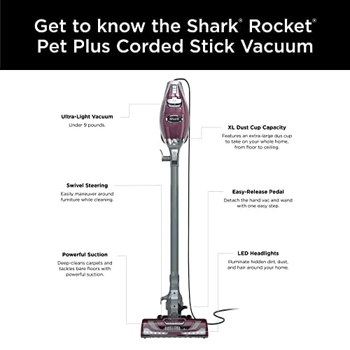 Shark HV322 Rocket Deluxe Pro Corded Stick Vacuum with LED Headlights, XL Dust Cup, Lightweight, Perfect for Pet Hair