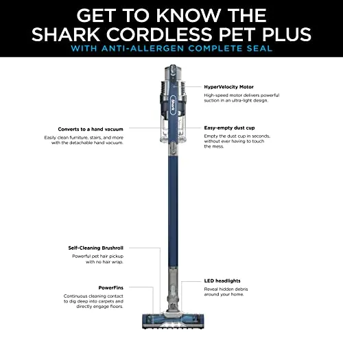 Shark IZ361H Pet Plus Anti-Allergen Cordless Stick Vacuum, Lightweight with Self-Cleaning Brushroll, PowerFins, Removable