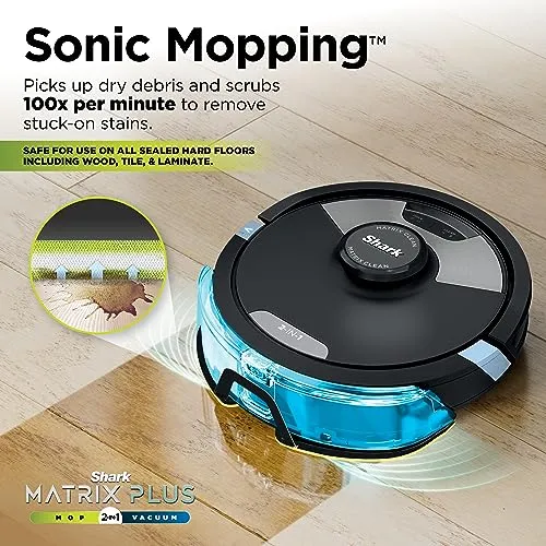 Shark Matrix Plus 2-in-1 Robot Vacuum & Mop with its water tank on a wood floor, infographic of the Sonic Mopping scrub claim