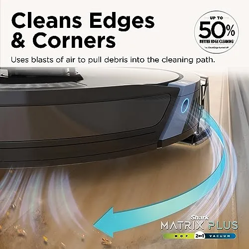 Shark Matrix Plus 2-in-1 Robot Vacuum & Mop close-up at a wall edge, infographic of the CleanEdge air-blast edge cleaning claim