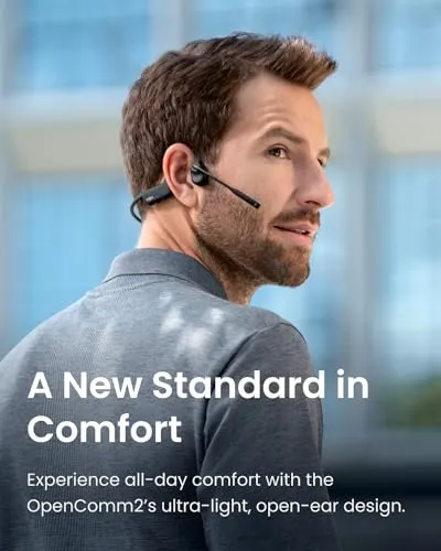 SHOKZ OpenComm2 Open-Ear Bone Conduction Headphones, Wireless Bluetooth Computer Headsets with Noise Canceling Mic and Mute