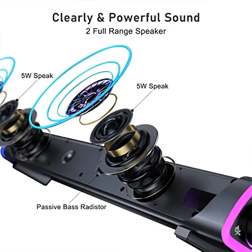 SOULION R30 Computer Speakers, USB Powered 3.5mm AUX Small PC Speakers, Colorful LED Lights with Switch Button, Surround