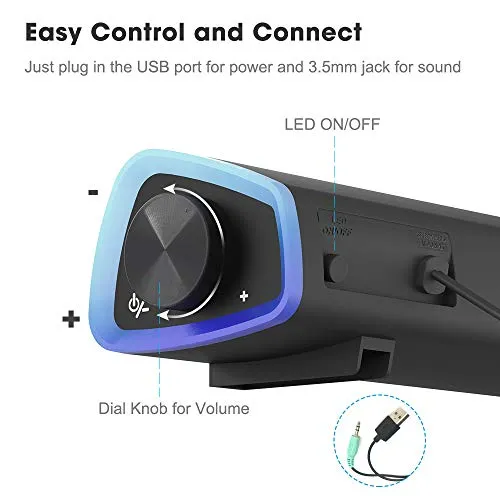 SOULION R30 Computer Speakers, USB Powered 3.5mm AUX Small PC Speakers, Colorful LED Lights with Switch Button, Surround