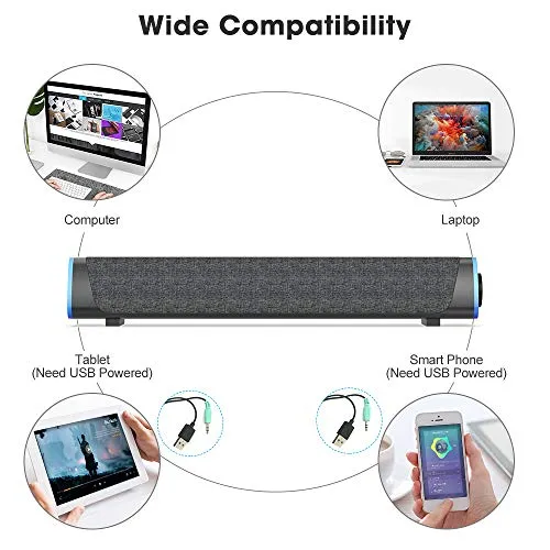 SOULION R30 Computer Speakers, USB Powered 3.5mm AUX Small PC Speakers, Colorful LED Lights with Switch Button, Surround