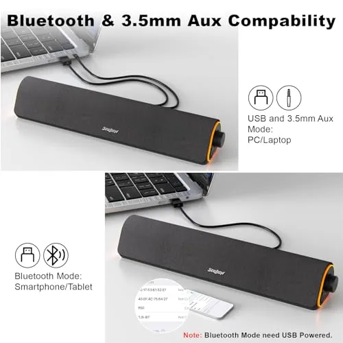 SOULION R50 Bluetooth Computer Speakers, 3.5mm PC Sound Bar for Desktop Monitor, Wired USB Powered & Colorful RGB Lights