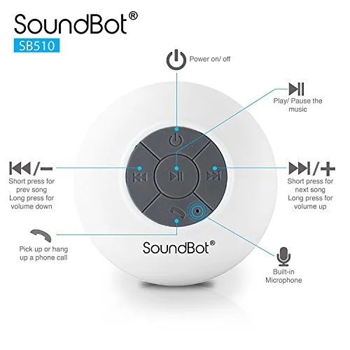 Soundbot SB510 HD Water Resistant Bluetooth Shower Speaker, Handsfree Portable Speakerphone with Built-in Mic, 6hrs of