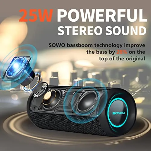 SOWO Portable Speaker, Wireless Bluetooth Speaker, IPX7 Waterproof, 25W Loud Stereo Sound, Bassboom Technology, TWS Pairing,