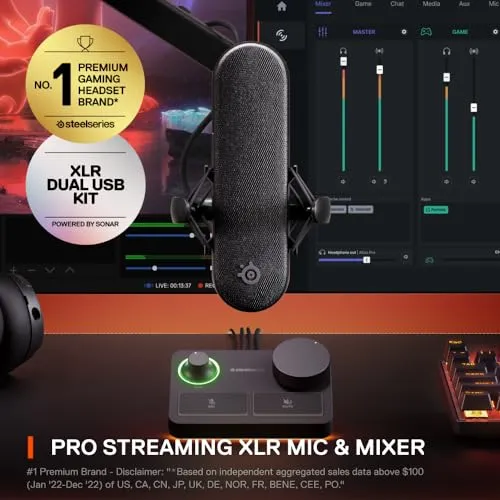 SteelSeries Alias Pro Kit — XLR Mic + Stream Mixer — 3x Bigger Capsule for Gaming, Streaming and Podcasting — USB/XLR