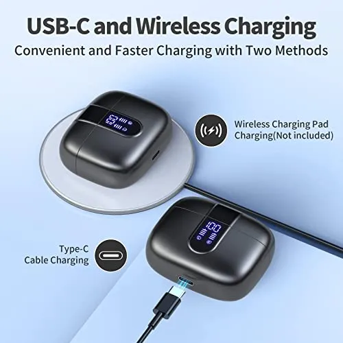 TAGRY Bluetooth Headphones True Wireless Earbuds 60H Playback LED Power Display Earphones with Wireless Charging Case IPX5