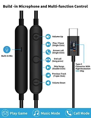 TITACUTE USB C Headphone for Samsung S23 FE S22 S21 S20 A53 A54 Wired Earbuds Magnetic in-Ear Type C Earphone with