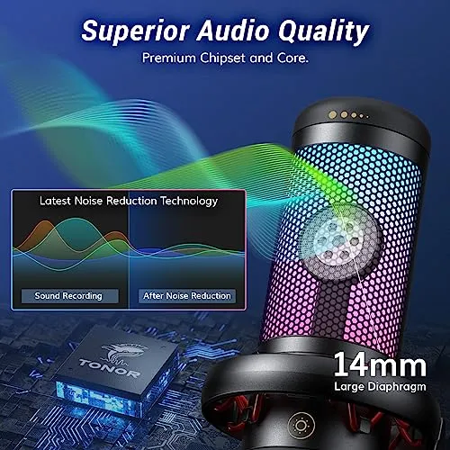 TONOR Gaming Mic, USB Microphone for PC Computer, Cardioid Condenser Mic with Adjustable RGB Modes & Brightness, Quick Mute,