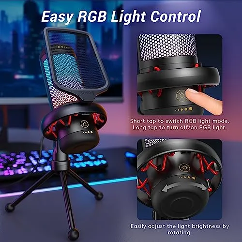 TONOR Gaming Mic, USB Microphone for PC Computer, Cardioid Condenser Mic with Adjustable RGB Modes & Brightness, Quick Mute,