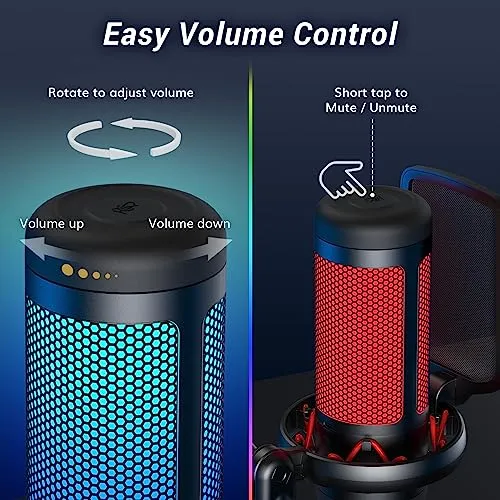 TONOR Gaming Mic, USB Microphone for PC Computer, Cardioid Condenser Mic with Adjustable RGB Modes & Brightness, Quick Mute,