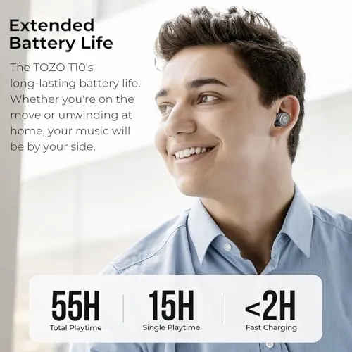 TOZO T10 Wireless Earbuds Bluetooth 5.3 Headphones, App Customize EQ, Ergonomic Design, 55H Playtime, Wireless Charging