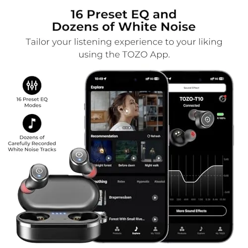 TOZO T10 Wireless Earbuds Bluetooth 5.3 Headphones, App Customize EQ, Ergonomic Design, 55H Playtime, Wireless Charging