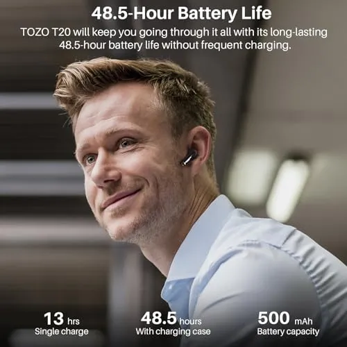 TOZO T20 Wireless Earbuds Bluetooth Headphones 48.5 Hrs Playtime with LED Digital Display, IPX8 Waterproof, Dual Mic Call