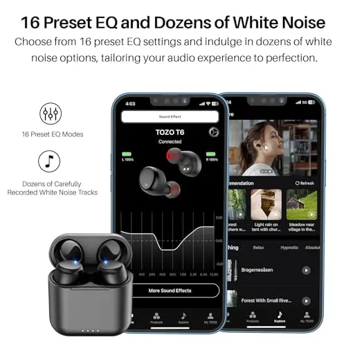 TOZO T6 Wireless Earbuds Bluetooth 5.3 Headphones, Ergonomic Design in-Ear Headset, 50Hrs Playtime with Wireless Charging