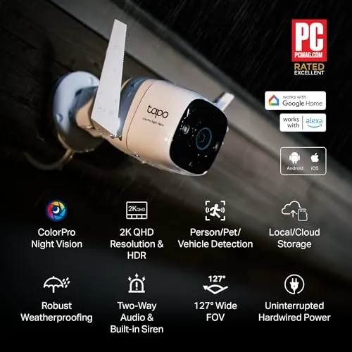 TP-Link ColorPro Wi-Fi Outdoor Camera | Plug-in | Daylight Clarity at Night | 2K QHD | Person/Pet/Vehicle Detection |