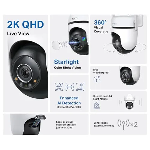 TP-Link Tapo 2K QHD Outdoor Pan/Tilt Wi-Fi Security Camera, 360° View, Motion Tracking, Color Night Vision, Free