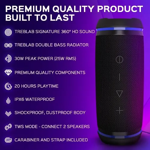 TREBLAB HD77 - Wireless Bluetooth Speaker - 30W Stereo, 20H Battery, IPX6 Waterproof, TWS Mode, Portable Speaker with
