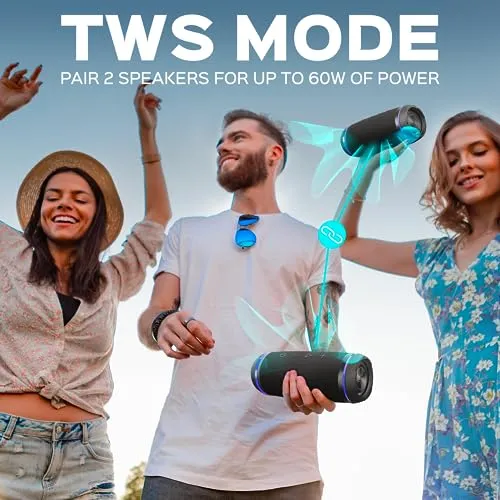 TREBLAB HD77 - Wireless Bluetooth Speaker - 30W Stereo, 20H Battery, IPX6 Waterproof, TWS Mode, Portable Speaker with