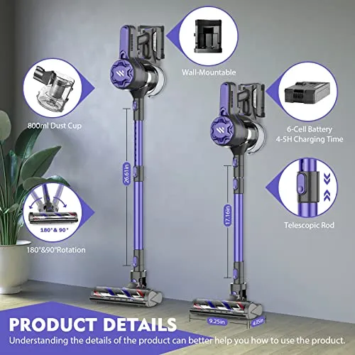 Tvwio Vacuum Cleaner Cordless Vacuum Cleaner,Stick Vacuum Cleaner with Powerful Suction,Rechargeable Vacuum 2200mAh Battery