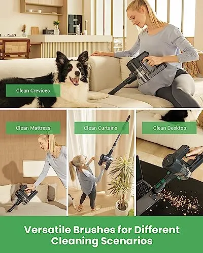 Vactidy V9 Cordless Vacuum Cleaner, Cordless Stick Vacuum with 250W Brushless Motor, 45min Runtime, Detachable Battery, 6 in
