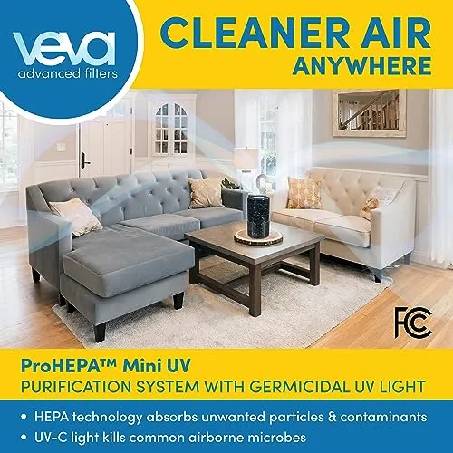 Veva Black Circular Air Purifier, Compact and Modern with UV-C Light, HEPA Filter, 3 Speed Settings, Soft Light, 220 sqft