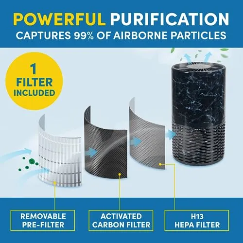 Veva Black Circular Air Purifier, Compact and Modern with UV-C Light, HEPA Filter, 3 Speed Settings, Soft Light, 220 sqft