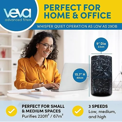 Veva Black Circular Air Purifier, Compact and Modern with UV-C Light, HEPA Filter, 3 Speed Settings, Soft Light, 220 sqft