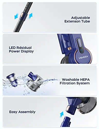 Voweek Cordless Vacuum Cleaner, 6 in 1 Lightweight Stick Vacuum with 3 Power Modes, LED Display, Powerful Vacuum Cleaner Up