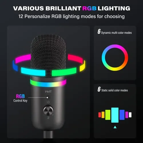 WMT USB Microphone - Condenser Gaming Microphone for PC/MAC/PS4/PS5/Phone- Cardioid Mic with Brilliant RGB Lighting