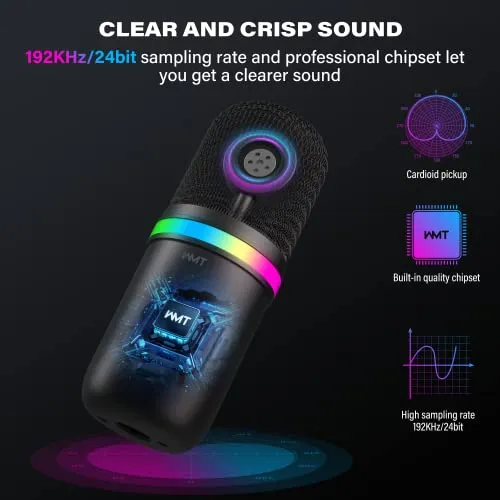 WMT USB Microphone - Condenser Gaming Microphone for PC/MAC/PS4/PS5/Phone- Cardioid Mic with Brilliant RGB Lighting