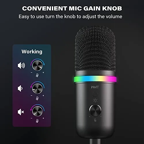 WMT USB Microphone - Condenser Gaming Microphone for PC/MAC/PS4/PS5/Phone- Cardioid Mic with Brilliant RGB Lighting