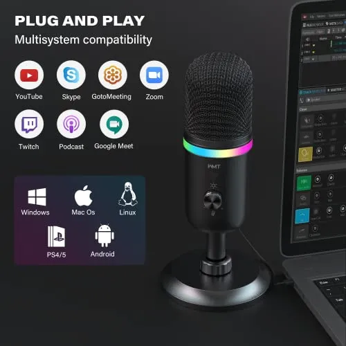 WMT USB Microphone - Condenser Gaming Microphone for PC/MAC/PS4/PS5/Phone- Cardioid Mic with Brilliant RGB Lighting