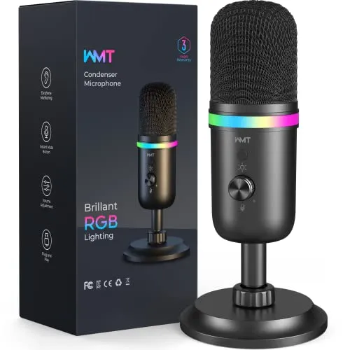 WMT USB Microphone - Condenser Gaming Microphone for PC/MAC/PS4/PS5/Phone- Cardioid Mic with Brilliant RGB Lighting