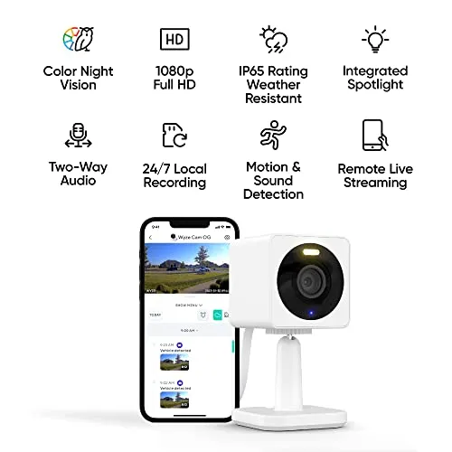 WYZE Cam OG 1080p HD Wi-Fi Security Camera - Indoor/Outdoor, Color Night Vision, Spotlight, 2-Way Audio, Cloud & Local