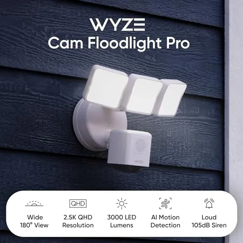 WYZE Floodlight Camera Pro, 3000-Lumen LEDs, 180° Wide View, 2K HD Outdoor Security Camera, Motion Detection, 105dB Siren,