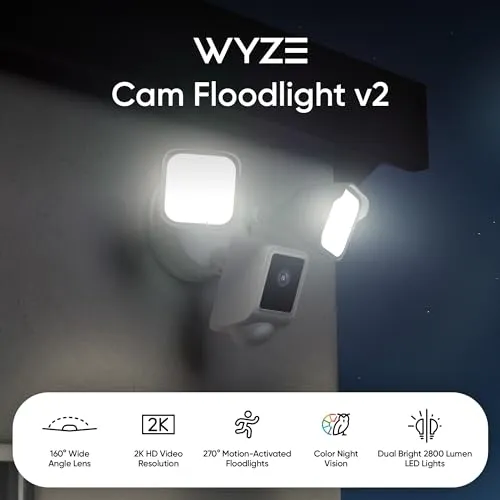 WYZE Floodlight Camera v2, 2800-Lumen LEDs, 2K HD Outdoor Security Camera, 160° Wide View, Motion Activated Light, 105dB