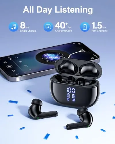 YAQ Wireless Earbuds Bluetooth Headphones, 40H Playtime Stereo IPX5 Waterproof Ear Buds, LED Power Display Cordless in-Ear