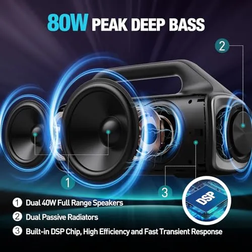 YIER Portable Bluetooth Speakers, 80W Peak Wireless Outdoor Speaker with Subwoofer, Deep Bass, IP67 Waterproof, 100dB Loud